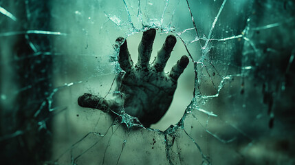 Wall Mural - Creepy Hand Reaching Through Broken Glass Window with Shards and Grime in Dark Horror-Inspired Scene