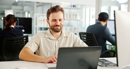 Poster - Happy man, laptop or typing in hospital for research, project management or scientific study. Medical engineer, tech or smile in coworking space for healthcare review with pharmaceutical development