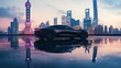 © Artify Shots - Sleek black sports car silhouetted against a futuristic skyline at twilight with vibrant reflections on wet pavement, exuding a sense of luxury and speed