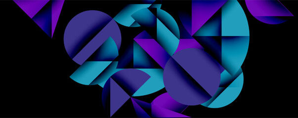 Leinwandbilder - Abstract composition featuring geometric shapes. Purple, blue hues dominate dark background. Overlapping forms create dynamic visual texture. Modern design element.