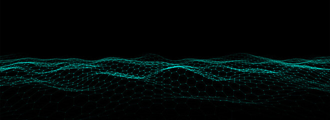 Wall Mural - futuristic vector hexagon wave. dark cyberspace. abstract wave with dots and line. blue moving parti