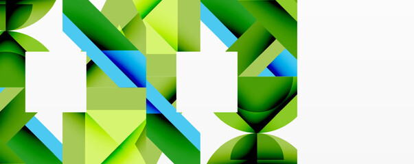 Fototapete - Abstract geometric composition. Overlapping shapes create dynamic visual effect. Greens, blues dominate palette. Modern design, clean lines, positive space.