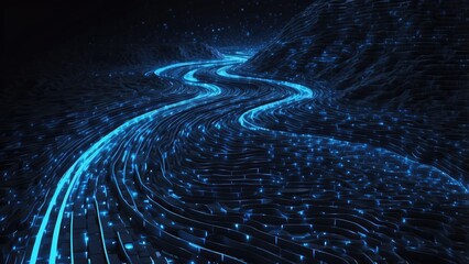 A futuristic, curving digital road composed of glowing blue binary code on a dark background