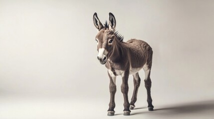 Aufkleber - Mini donkey standing in a rustic setting with soft shadows and a white background, showcasing its adorable features in a playful pose