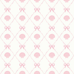 Wall Mural - pink vintage bows with seashells seamless pattern, vector hand drawn ribbons background illustration