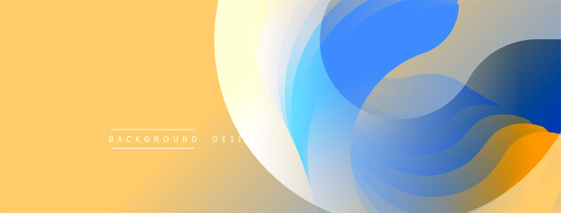 Poster - Abstract background features flowing layers, vibrant colors. Gradient transitions blend yellow, blue, orange hues. Modern design evokes fluidity, movement. Minimalist aesthetic.