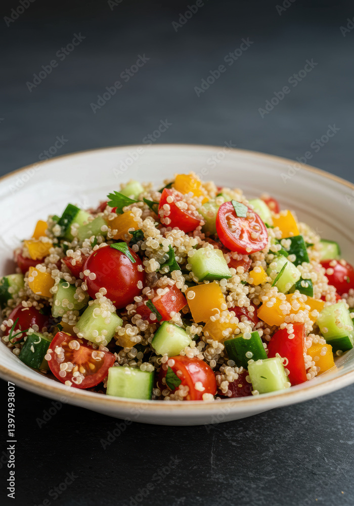 A colorful and nutritious quinoa salad, filled with fresh vegetables, perfect for a healthy meal.