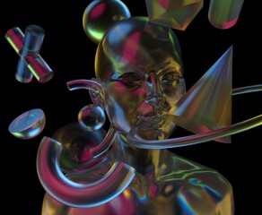 Aufkleber - Dreamwave style 3D illustration features a translucent human head surrounded by colorful geometric shapes, reflecting captivating light and creating surreal, futuristic ambiance on a dark background.