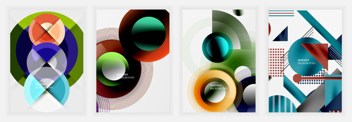 Aufkleber - Four abstract geometric designs. Vibrant colors, overlapping shapes create modern backgrounds. Circles, triangles dominate compositions. Clean lines, gradients present stylish visuals.
