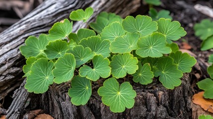 A forest is home to a tree stump that has a lush green vine growing on it