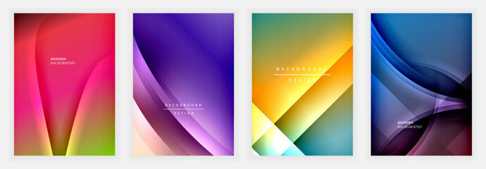 Poster - Four vibrant abstract backgrounds. Smooth gradients blend colors, creating dynamic wave shapes. Modern designs suitable for digital projects, presentations.
