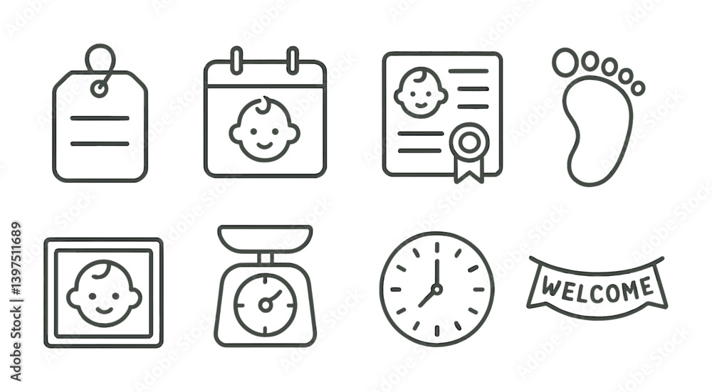 Birth Point Icon Stock-Vektorgrafik „Baby arrival linear icons set: essential newborn ...