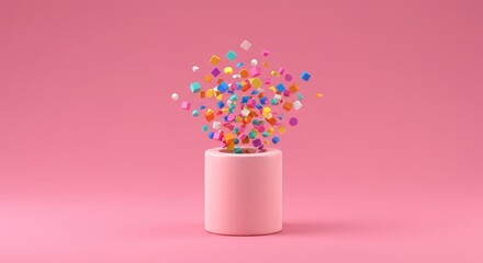 Wall Mural - colorful shapes exploding from pink cylinder - abstract of vibrant multicolored shapes erupting from