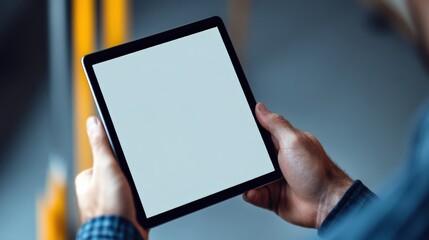 Worker holding digital tablet with blank white screen in warehouse