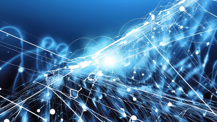Wall Mural - futuristic blue network visualization with radiating lines and bright central light.