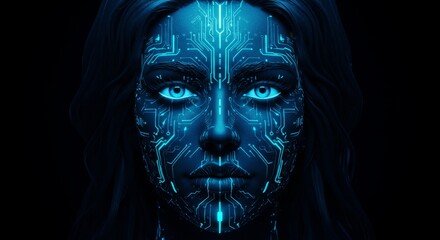 Wall Mural - face neon blue technology pattern - futuristic woman, technology, ai, cybernetic, art. symbolizing i