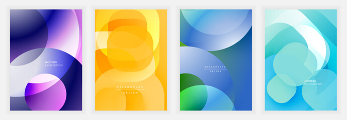 Aufkleber - Four vibrant abstract backgrounds. Overlapping circles create dynamic compositions using gradients. Modern designs suitable for digital projects, presentations. Colors include purple, yellow, blue, te