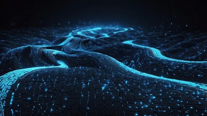 A futuristic, curving digital road composed of glowing blue binary code on a dark background