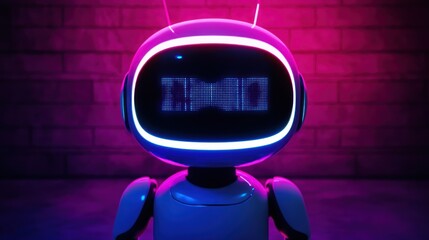Futuristic robot head, vibrant neon lights