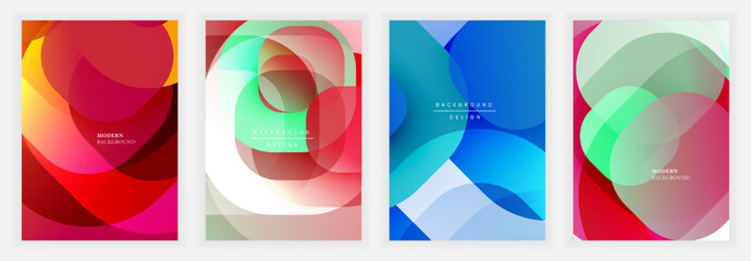 Aufkleber - Four vibrant abstract backgrounds. Overlapping shapes create dynamic compositions using gradients, curves, modern design elements. Colors include pinks, blues, greens, yellows.