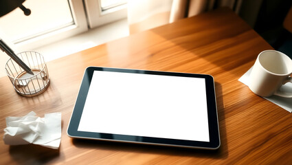 Sleek Digital Tablet Mockup Blank High-Resolution Screen on Wooden Desk