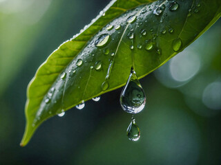 Wall Mural - Droplet hanging from a green leaf edge.