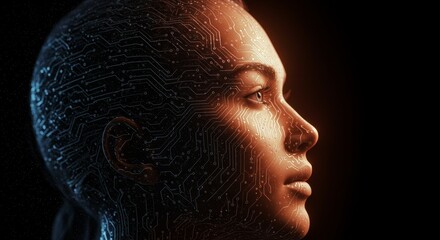 Wall Mural - human circuitry: a profile in technological fusion - a woman's face, overlaid with circuit patterns,