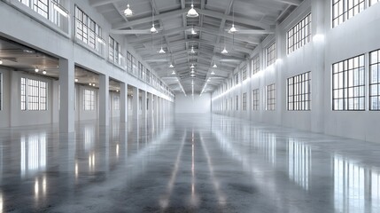 Wall Mural - Industrial warehouse with polished concrete floors, overhead lights, white walls, high ceilings, large windows, vast empty space, clean aesthetic.  