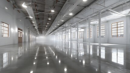 Wall Mural - Industrial warehouse with polished concrete floors, overhead lights, white walls, high ceilings, large windows, vast empty space, clean aesthetic.  
