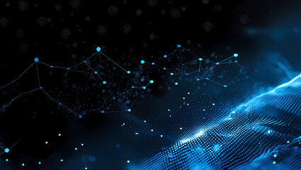 Wall Mural - futuristic blue network visualization with bright nodes connecting above a digital wave and dark par