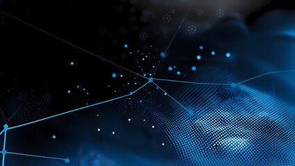 Wall Mural - glowing blue network with lines and nodes over a textured blue surface against a dark backdrop with 