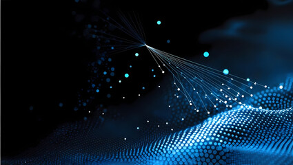Wall Mural - a futuristic network of glowing blue particles and lines forming a digital landscape against a dark 