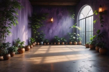 Poster - Sunlit interior room with purple walls, terracotta pots filled with lush green plants, and a large arched window.  The hardwood floor reflects the warm sunlight.