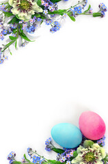 Wall Mural - easter decoration. blue flowers forget-me-nots, white flower hellebores, easter painted eggs on a wh