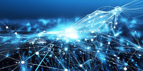Wall Mural - abstract blue digital network with a bright core and radiating connections.