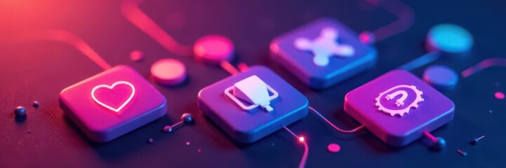 Colorful gradient app icons on a futuristic background, tech, gradients