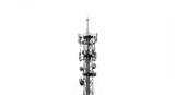 Telecommunications tower against a stark white canvas depicting connectivity