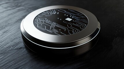 A sleek, metallic 3D technology button with embedded circuits and a glowing digital touchpad