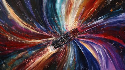 Wall Mural - a spacecraft traveling at high speed through a wormhole, surrounded by dazzling light streaks.