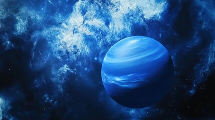 Wall Mural - a spectacular scene of neptune, its deep blue atmosphere highlighted by swirling white clouds.