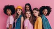© sevenSkies - diverse teens group on pink plain bright background modern chic fashion pose  model portrait  portrait banner with copy space ad concept marketing