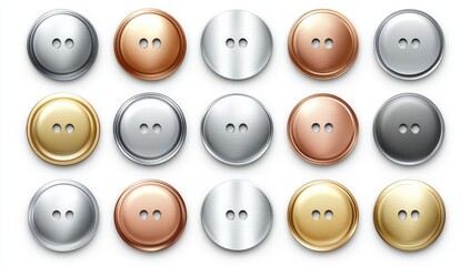 a set of round metal buttons in different colors on a white background, including silver, gold, bron
