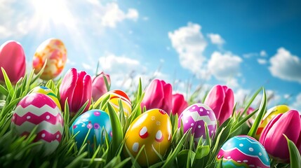  Vibrant field of tulips with colorful Easter eggs nestled between the blooms, under a bright blue sky 