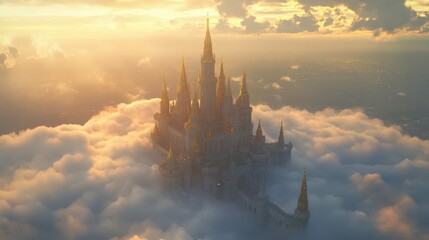Wall Mural - a stunning 3d-rendered fantasy castle floating above the clouds with golden spires and magical energ