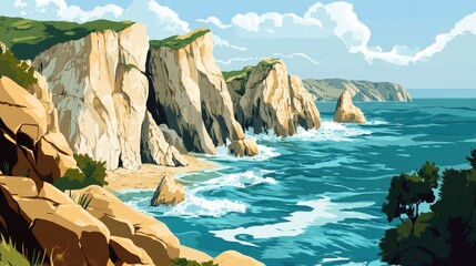 Wall Mural - a stunning summer coastline with towering cliffs, hidden coves, and powerful waves crashing against 
