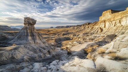 Wall Mural - a surreal lunar-like desert landscape with massive rock formations, dry riverbeds, and an endless ho