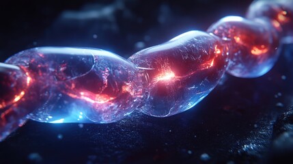 Wall Mural - illuminated chain of glowing nodes, with red and blue light amidst dark, rocky surroundings