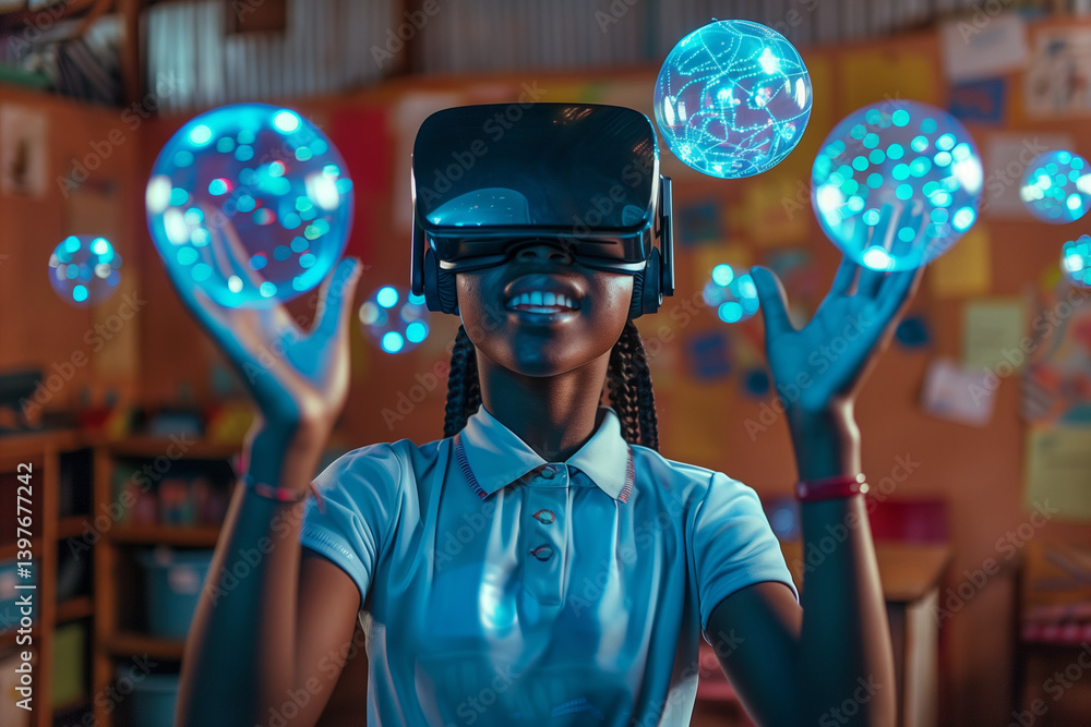 Black school student with VR headset using AI artificial intelligence ...