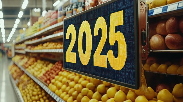 a supermarket shelf displays the year two thousand and twenty five