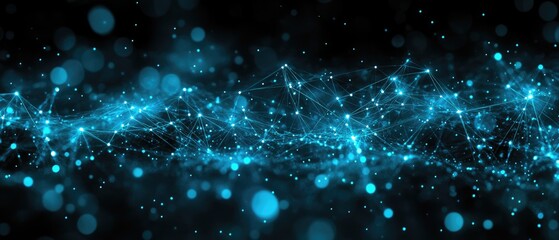 Wall Mural - connected teal network, glowing nodes and lines on black, bokeh effects